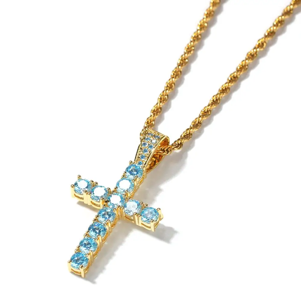 

Fashion Men's Hips Hops Jewelry Real Gold Plated Cross Pendant Necklace Pave Blue Crystal Cross Pendant Necklace, Gold, silver