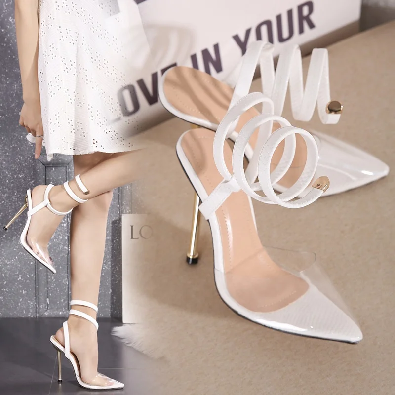 

New Design Ankle Strap Sandal Sexy Girls Heel High Heels Pointed Toe Snake Print Spiral Clear Court Shoes Stiletto Heel, White,black