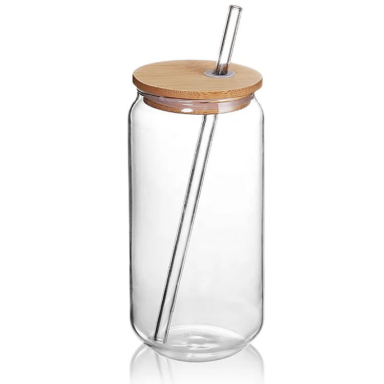 

Amazon 16oz Soda Pop Can Shaped Beer Glass Cups Mugs Dinking Glasses with Bamboo Lid and Straw For Drink, Transparent