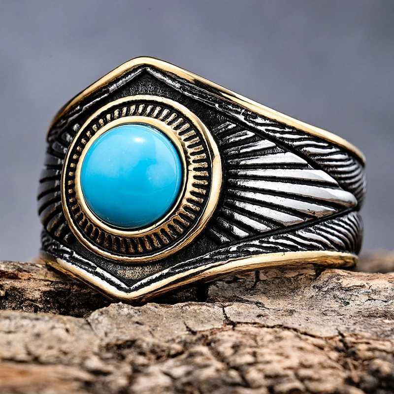

Cheap Price Punk Jewelry Turquoise Stone Gold Plated Feather Compass Star Fashion Stainless Steel Ring Men
