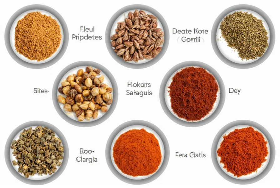 Row of spice jars including thyme, paprika, bay leaves, and black pepper
