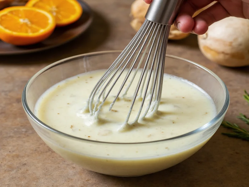 Whisking Caesar dressing in glass bowl