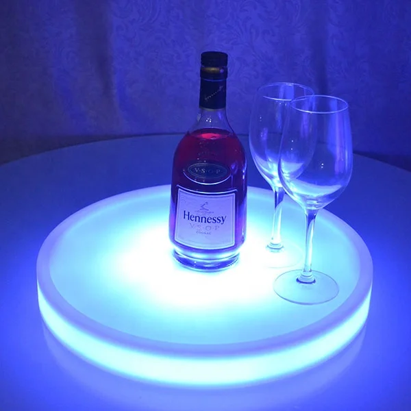 
PE plastic rechargeable waterproof led plastic bar tray round serving tray glowing room service tray 