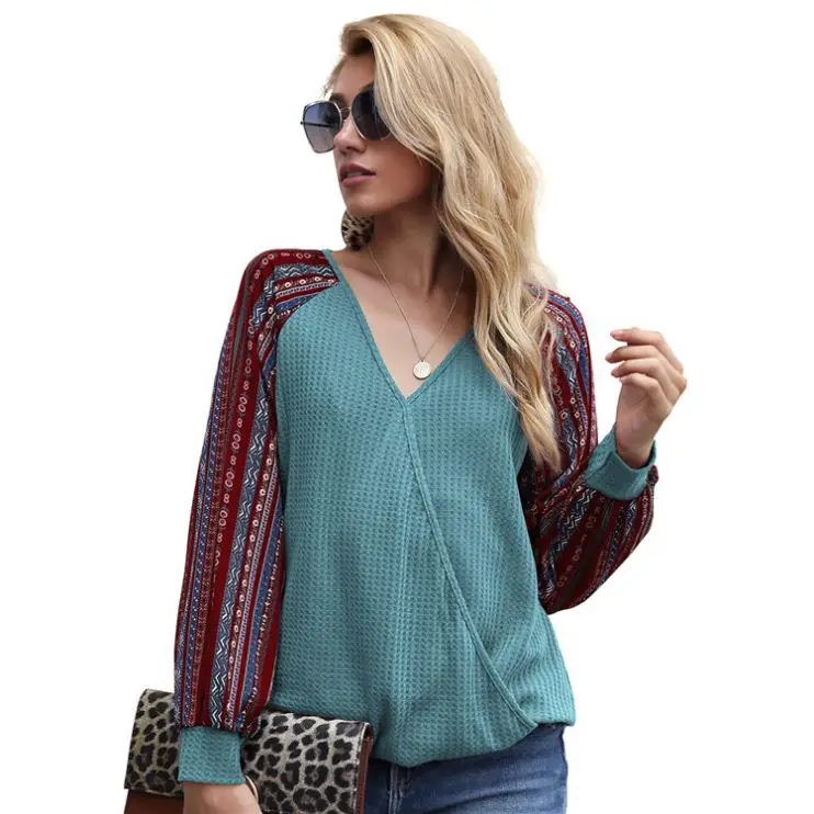 

GHX1307 Wholesale fall/winter fashion ladies' blouses & tops v neck irregular printed long sleeve t-shirts for women