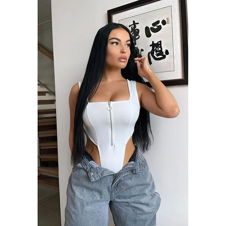 

2021 Summer Solid Color White Square Neck Zipper Up Women Bodysuits Sexy Sleeveless Bodycon Bodysuit -ZL