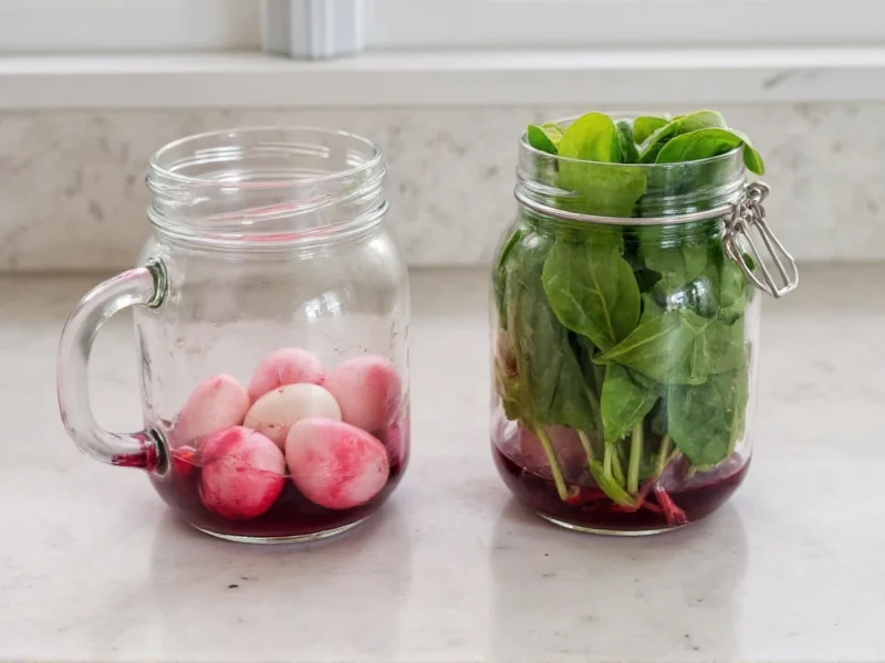 Natural Easter egg dye ingredients in mason jars with beetroot and spinach