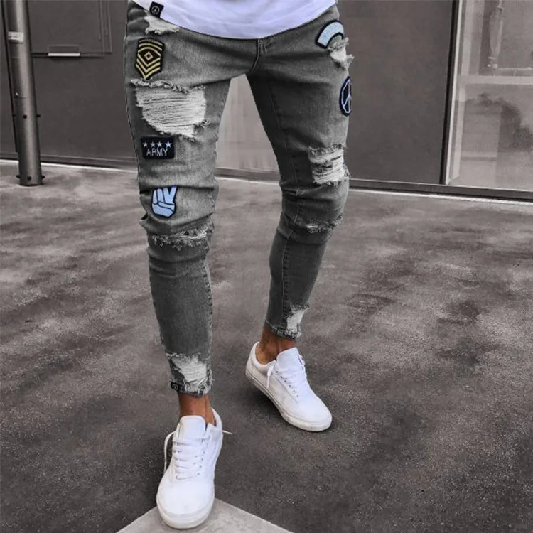 

New design hot selling badge embroidery patchwork knee hole zip pants skinny denim jean men, As picture or customized