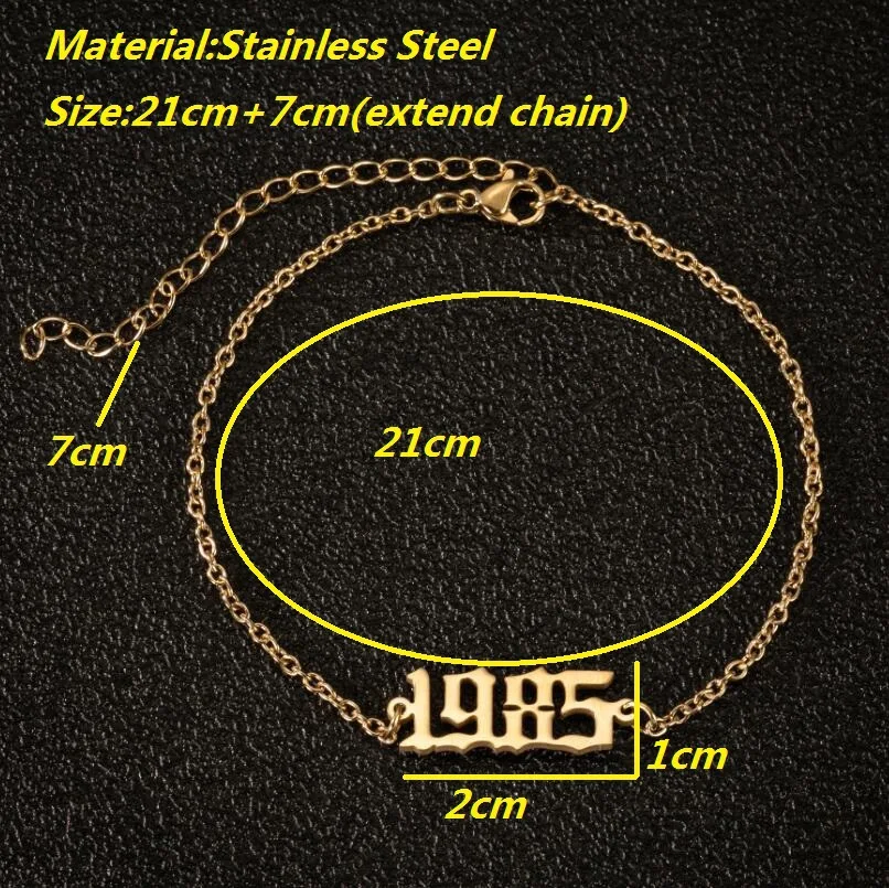 
stainless steel gold plated birth year ankle bracelet,adjustable chain beach anklets foot jewelry anniversary 1980-2020 year 