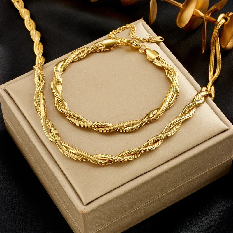 

18k Gold Snake Chain Necklace Bracelets Sets Round Braided Snake Chian Bracelet Stainless Steel Jewelry Set