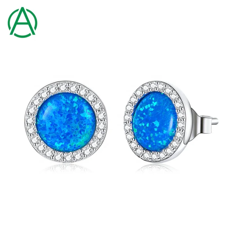 

ArthurGem Round Opal Stud Earrings 925 Sterling Silver Blue Opal Earrings for Women