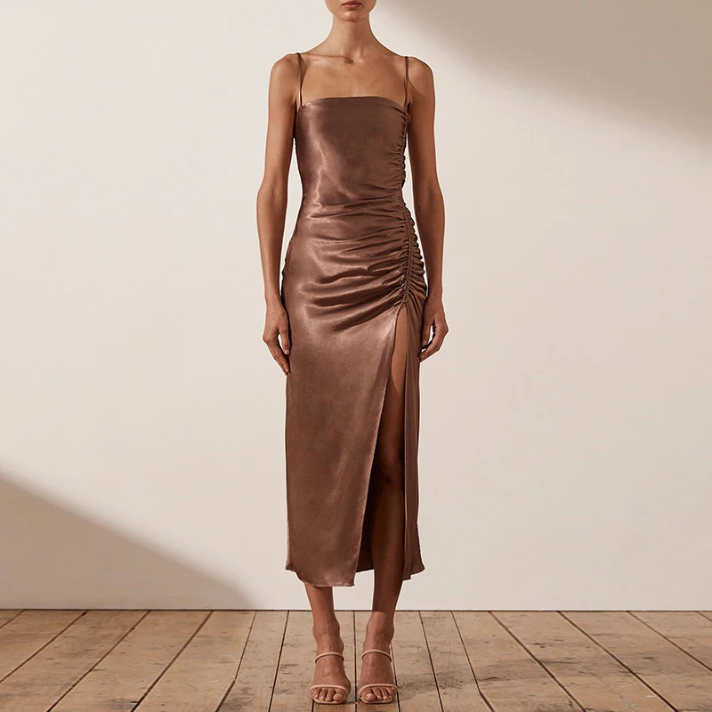 

Hot Sale Style New Women Fashion Sexy Satin Lace-Up Pleated Slit Pleated Sling Solid Color Long Dress
