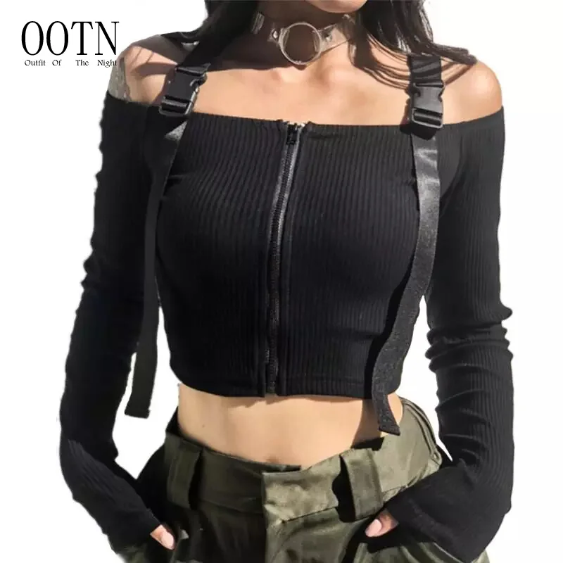 

OOTN Crop Top 2020 Korean Fashion Style Feminina Knitted Cotton Black Sexy Short Spring T Shirt Women Long Sleeve T-shirt