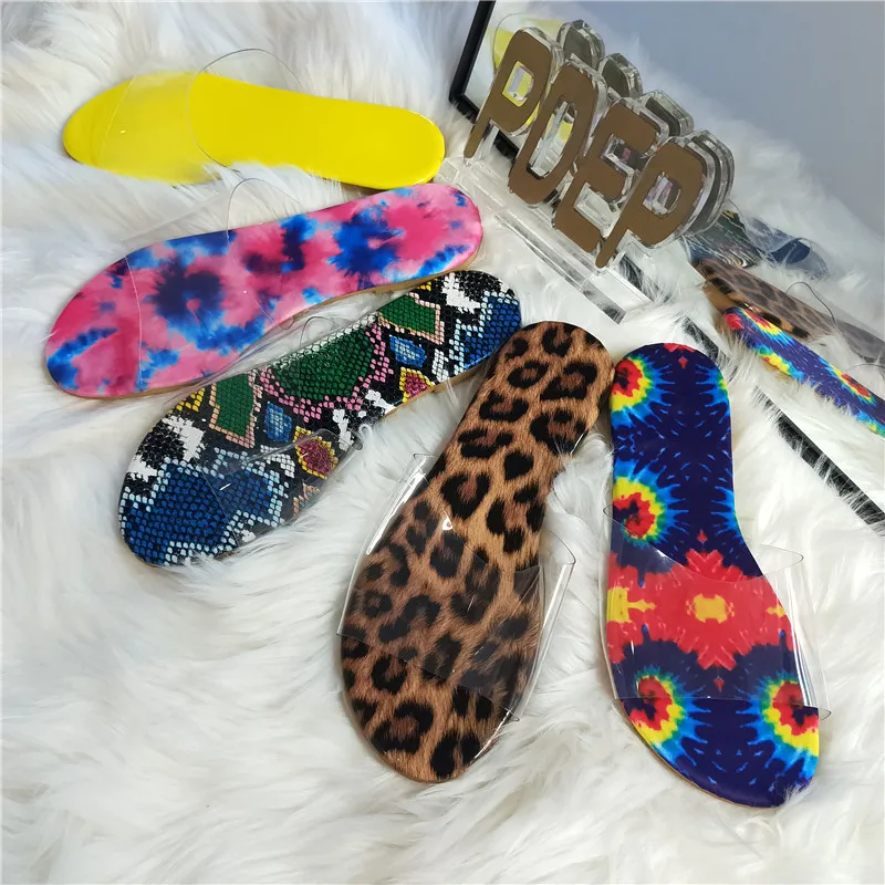 

PDEP new styles hot sale women transparent upper sandals ladies clear slippers girl slides sandals, Yellow, leopard print, snake print, pink&blue, red&blue