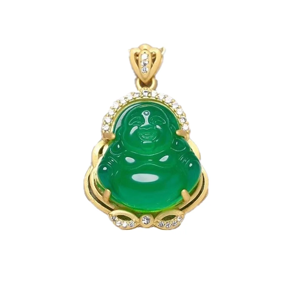 

Green Chalcedony Buddha Pendant Brazil Green Agate S925 Silver Inlaid Maitreya Buddha Pendant