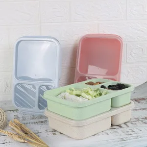 3 Compartments New Material Wheat Straw  Lunch Box Food Storage Container for Kids Adults Picnic Pink