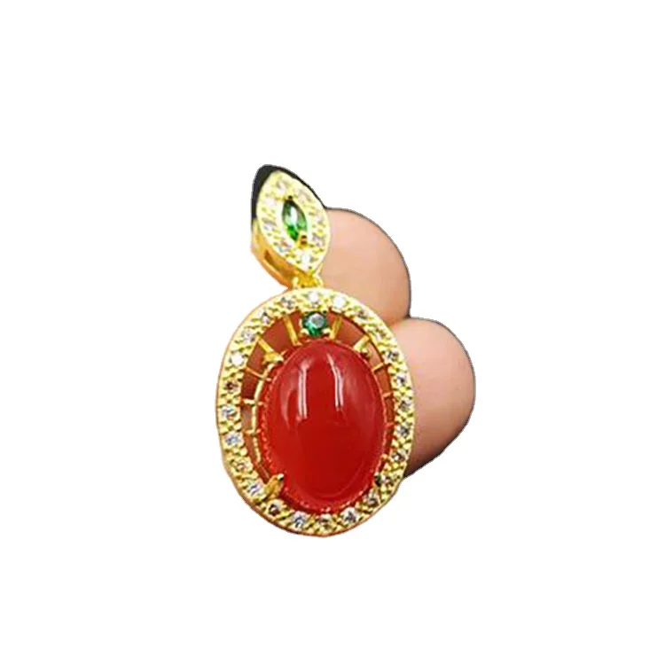 

925 Bright Gold Inlaid Red Agate Egg-Shaped Pendant New Carnelian Pendant