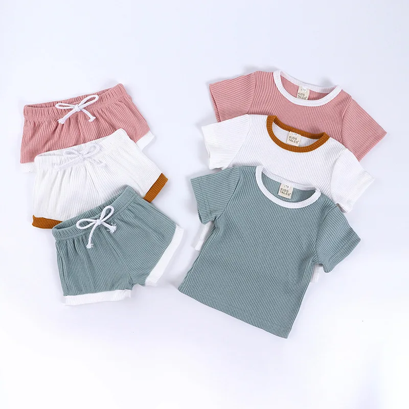

summer spring selling hot on amazon pure Solid color below 4 yrs baby infant girls boys 2-piece set of tops and shorts, Picture