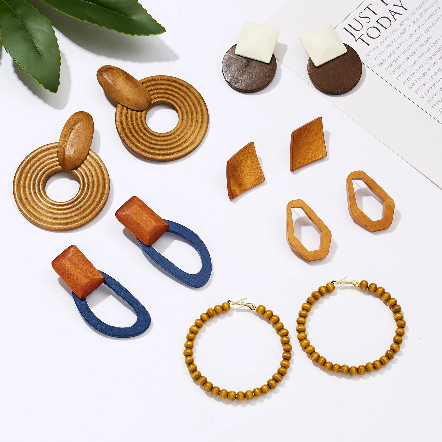 

Fashion Bohemian 5 Style Geometric Irregular Round Rhombus Natural Wood Hoop Earrings Jewelry, As the picture