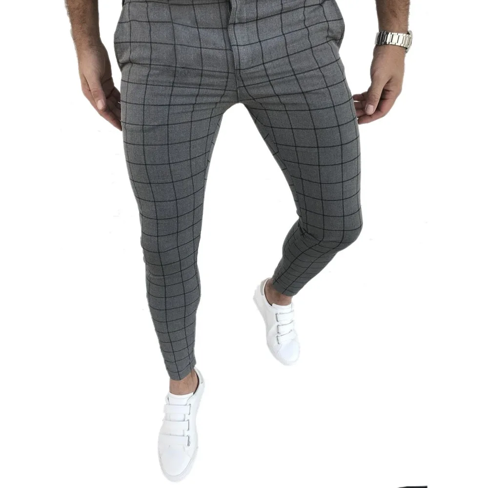 

Fashion Casual Plaid Trousers Men Slim Fit Long Pants