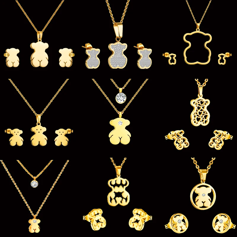 

Trendy Minimalist Joyas de Acero Inoxidable Gold Earrings Necklace Fashion Bear Touse Jewelry Set