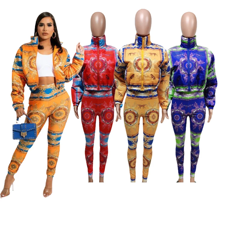 

CS plus size Winter coat women warm bubble jacket slim fit pants set ladies printing crop top coats set puffer jackets, Customized color