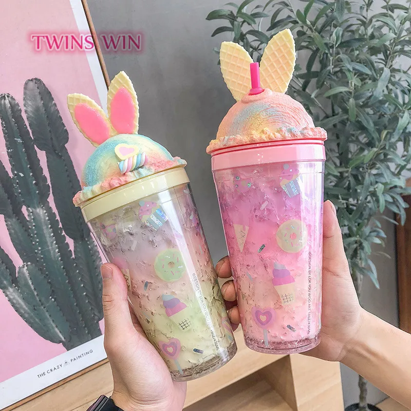 

Rabbit ear ice cream gradient ice cup summer double plastic cup kids like crystal water bottle CUP1560, Mix color