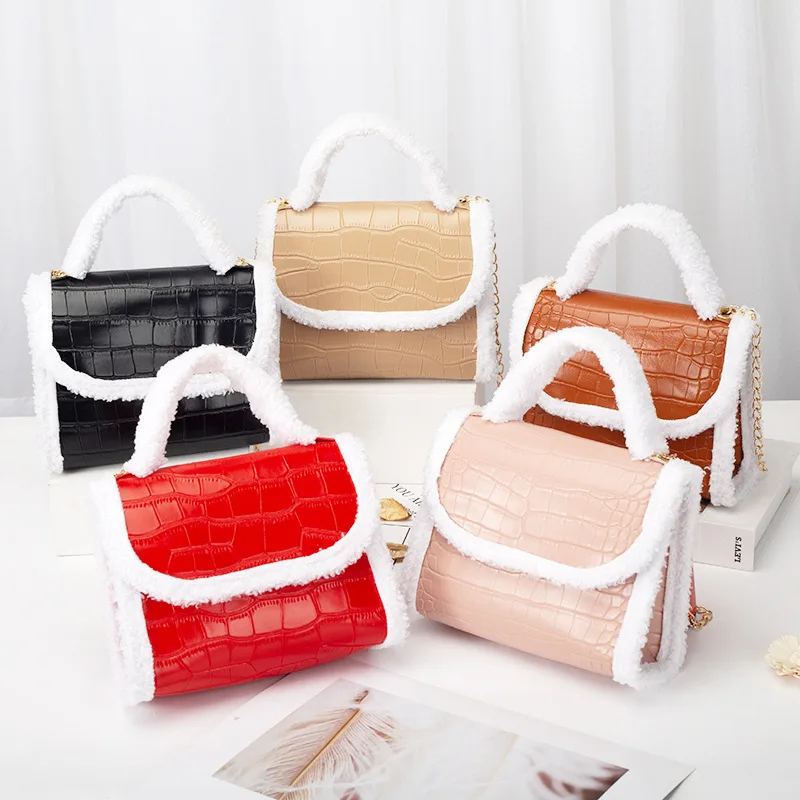 

G210 Artificial Rabbit Fur Children Twist Handbag Women 2020 Winter Patchwork Mobile Phone Hand Bags Ladies Crossbody Bag, White, red, khaki,black, pink, brown