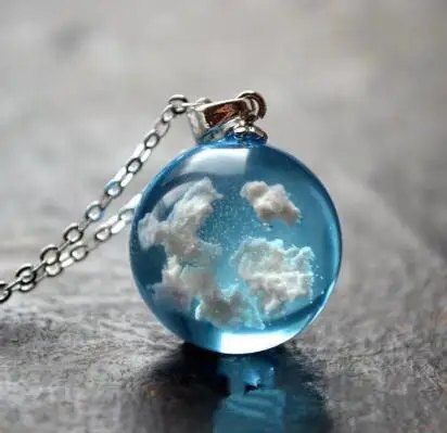 fashion Handmade blue sky white clouds resin glass ball charm necklace jewelry