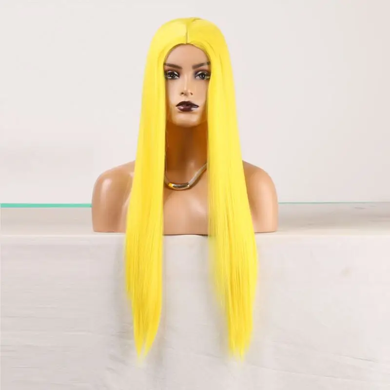 

European and American Ladies machine made wig Chemical Fiber Ladies Black Long Straight Wig Headgear, Yellow