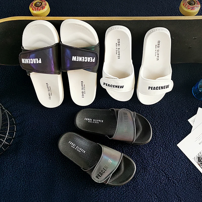 

Oem Custom Brand Logo Laser Colorful Pu Slides House Slippers Footwear Women Indoor Slipper Flip Flops Ladies Men Slides