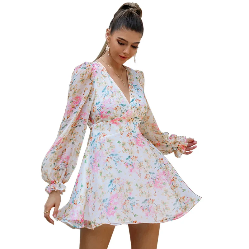 

2021 Fancy Design Cross-border Women's Amazon Independent Station Wish New Product Printed Chiffon Long-sleeved Dress, Pink floral