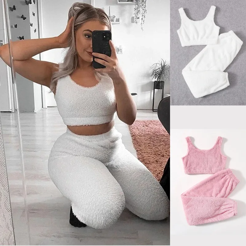 

88693 Foma Solid color strap crop top set two piece pant set women woolly sexy sleep wear sets for winter, 7colors