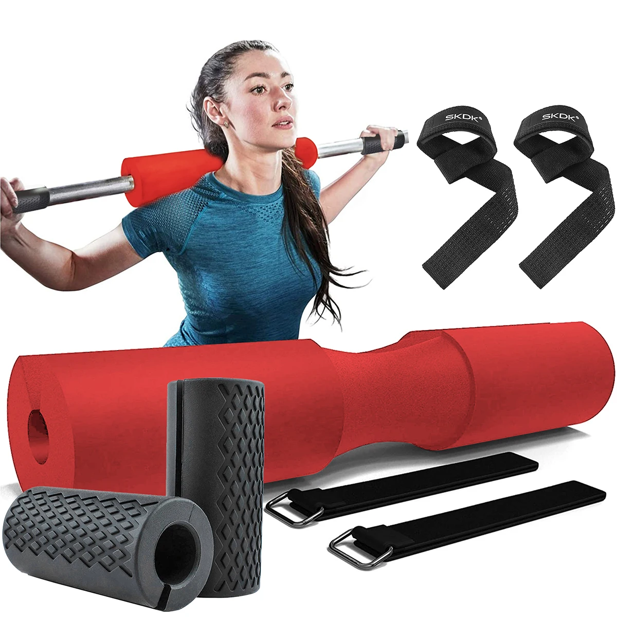 

Hot Sale Silicone Barbell Grip With Foam Barbell Squat Pad And Wrist Wraps Weight Lifting Straps Set, Black, red or customized