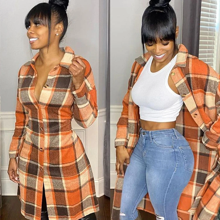 

Winter Fashion High Classic Women Clothing Turndown Collar Long Sleeve Plaid Jackets Women Woolen Ladies Long Coats, Orange