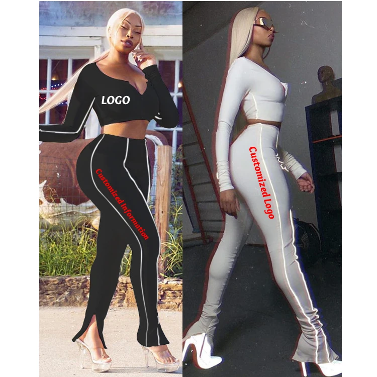 Free Shipping custom logo reflective yoga set fitness clothing womens gym suit two pieces workout sport wear long sleeve sets