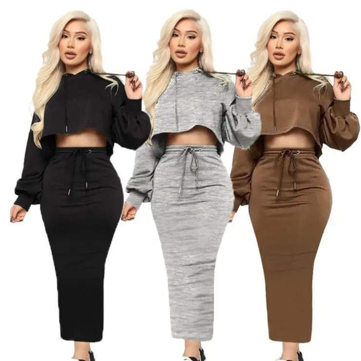 

New Style Skirt And Top Two Piece Set Solid Color with String Hoodie Women Clothing Casual 2 Piece of Skirt Set