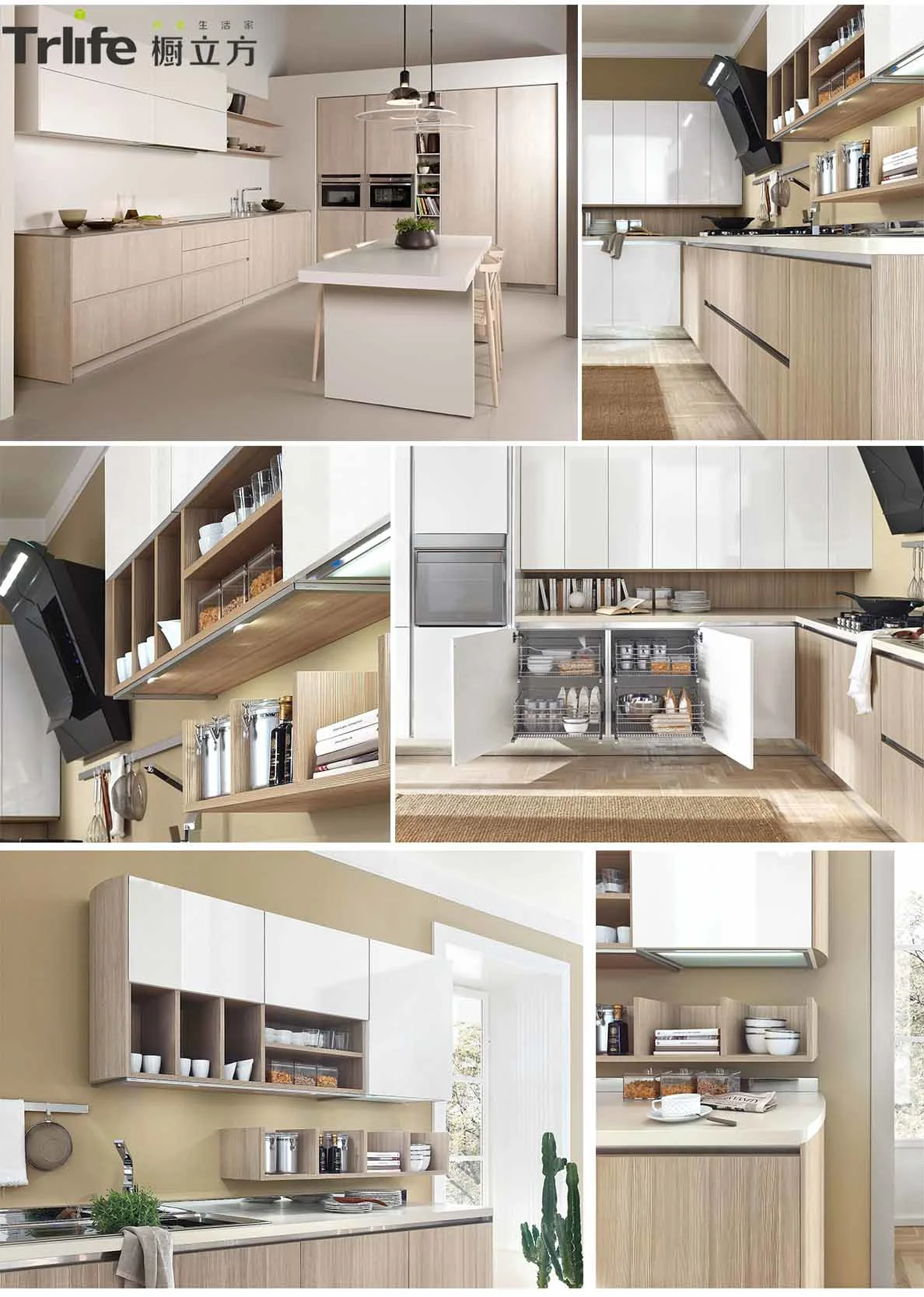 Customized modern modular kitchen cabinets white and wood grain kitchen cabinets inbuilt kitchen furniture
