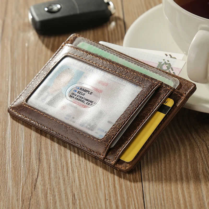 

New Arrival Men Real Oil Cow Leather Slim Front Pocket Card Wallet Cardholder Crazy horse Leather Pull Tab Credit Card Holder, Customized color