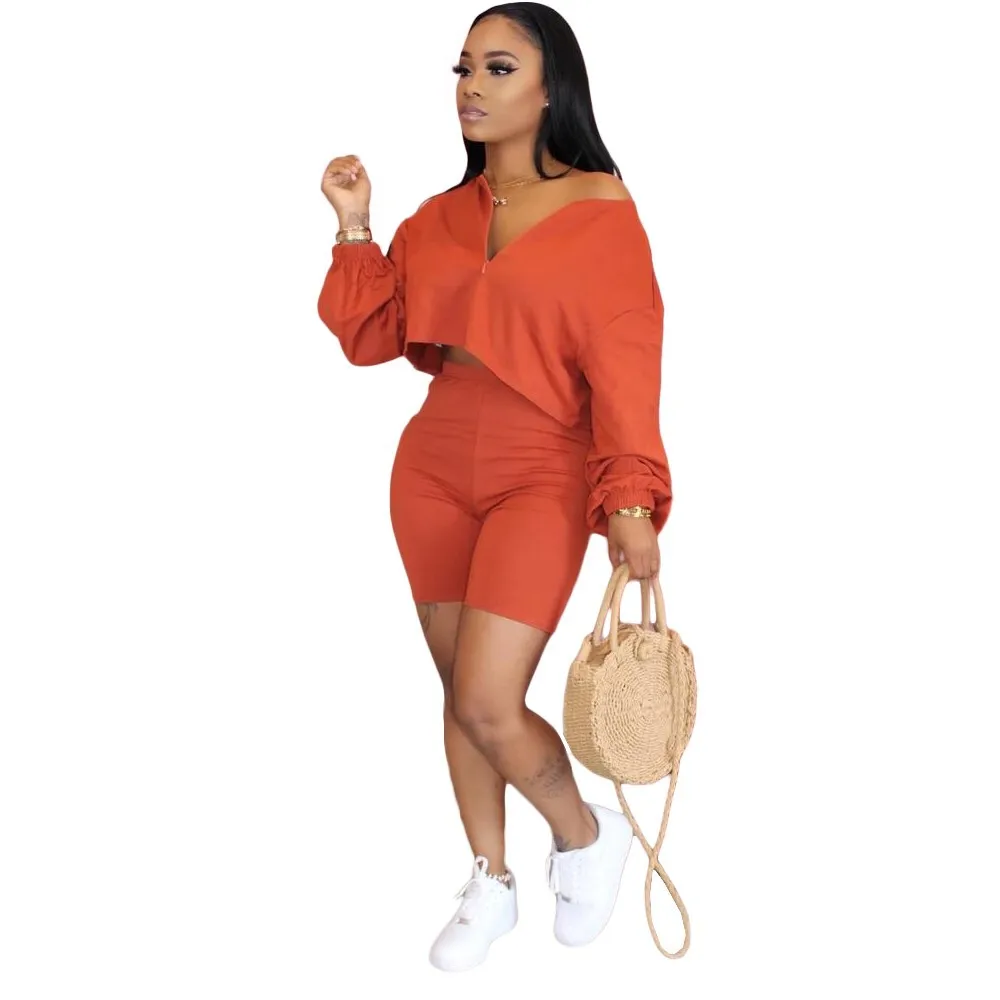 

HOBISH Casual Women Long Sleeved Shorts Jogging Suit Women Two Piece Shorts Set