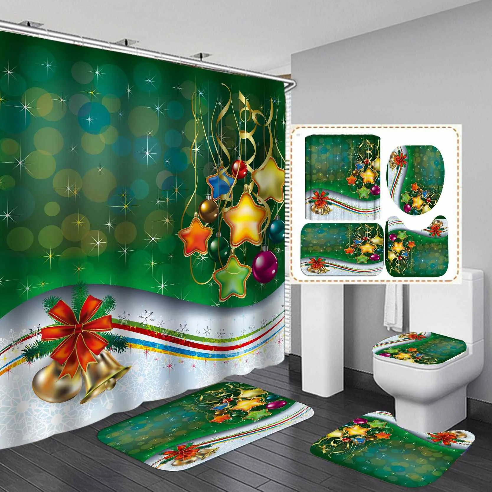 

71*71inch Christmas Bell Christmas Series Digital Printing Polyester Shower Curtain, Picture