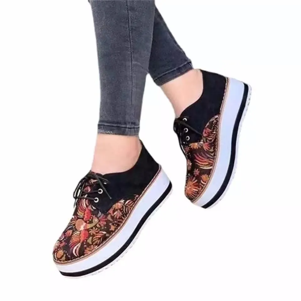 

2021 new four-season flower lace round toe single shoe with wedge heel and thick sole heighten casual shoes, As shown in figure