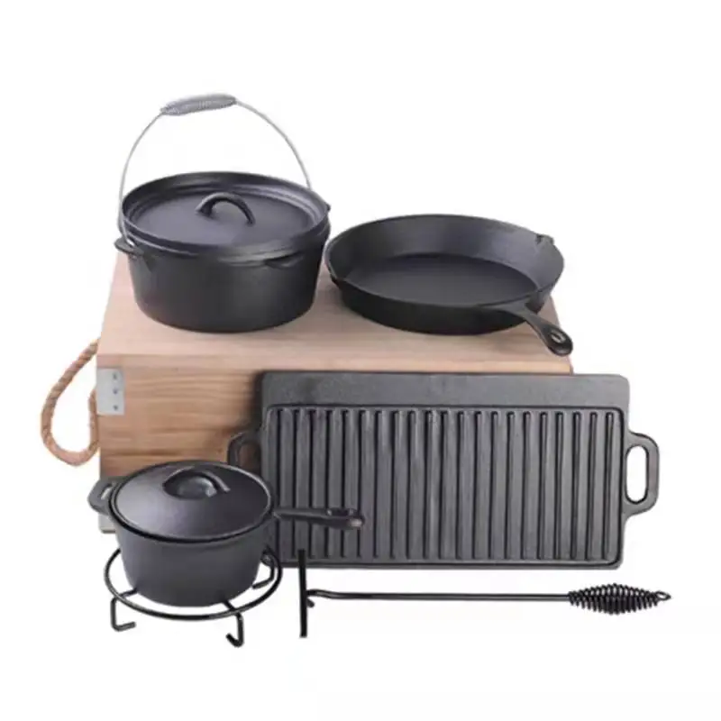 

Cast iron outdoor camping cookware set pots and pans cooking pot set, Customized color