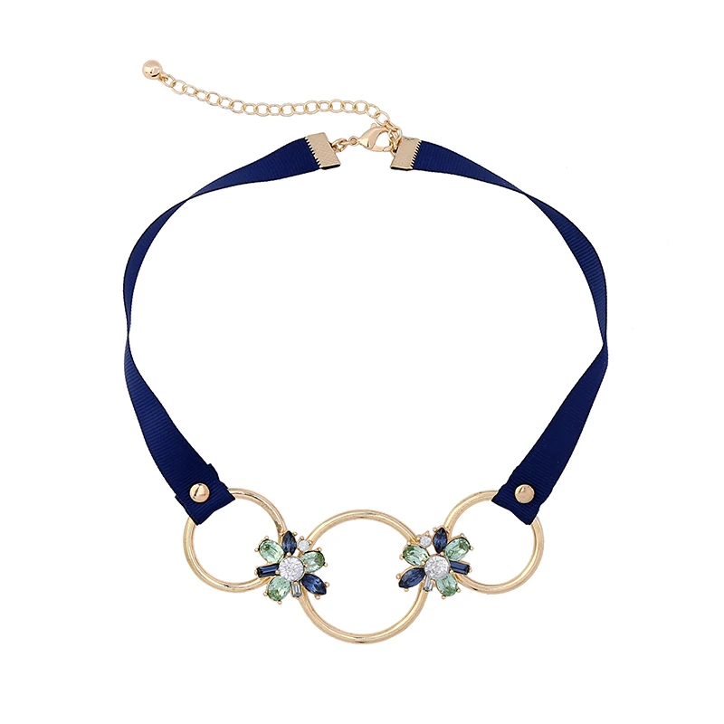 

xl00879b Royal Blue Ribbon Crystal Rhinestone Flower Women Fashion Statement Jewelry Three Circle Hoops Gold Necklace Choker
