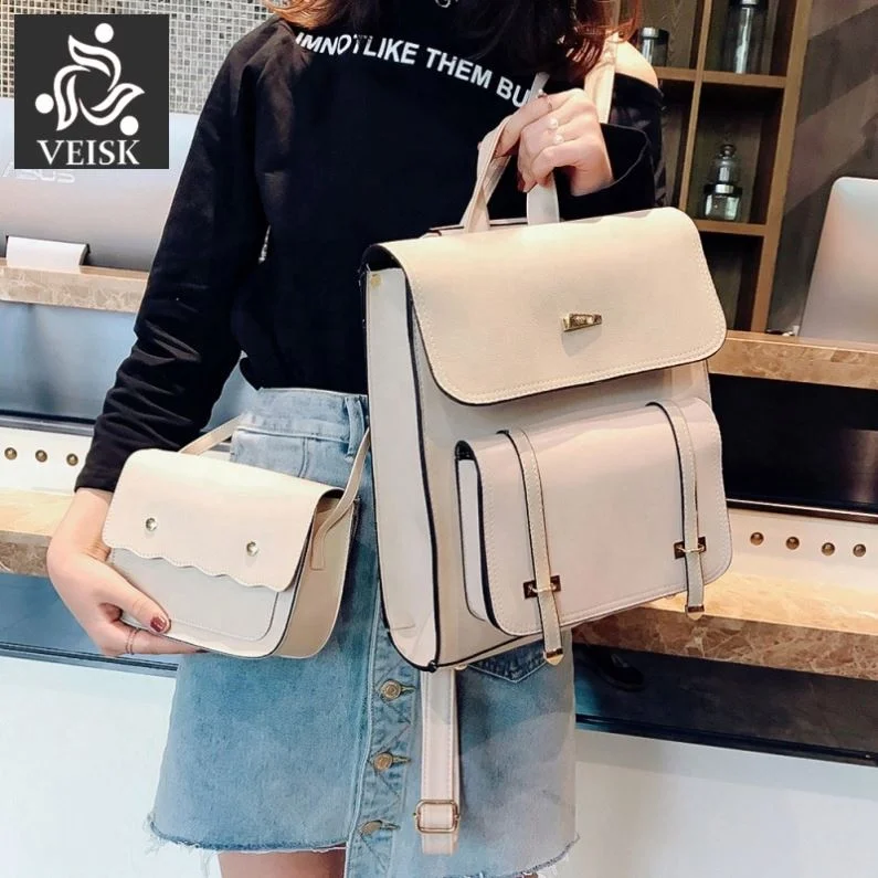 

VEISK 2pcs/set Women PU Leather School Backpacks Girl Travel Rucksack Bag