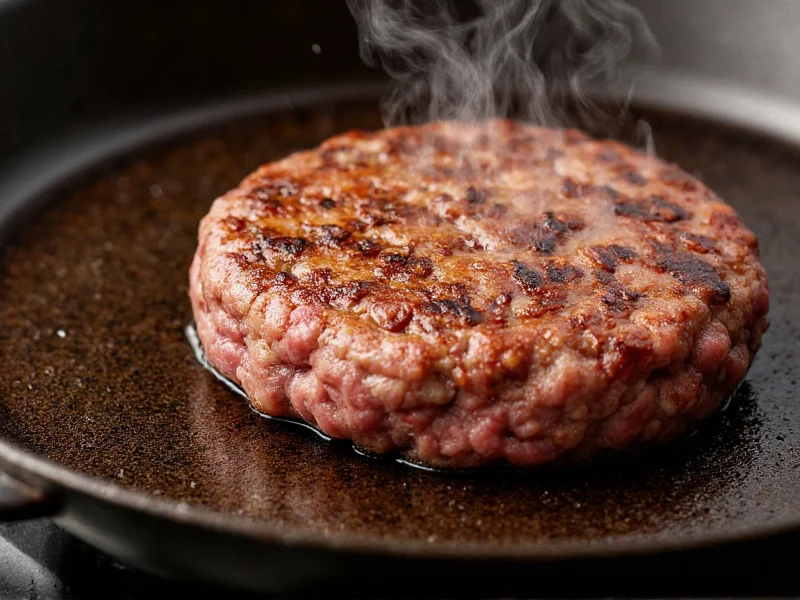 Juicy hamburger patty sizzling on cast iron skillet