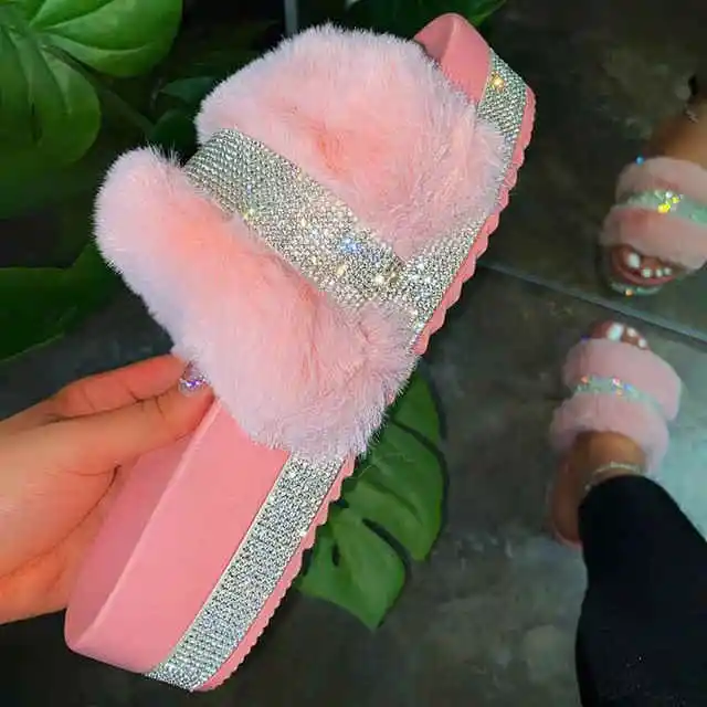 

Hot Sales Plus Size Chanclas Faux Fur Rhinestone Slippers Women Fluffy Fox Fur Slides, Pink,red,black,white