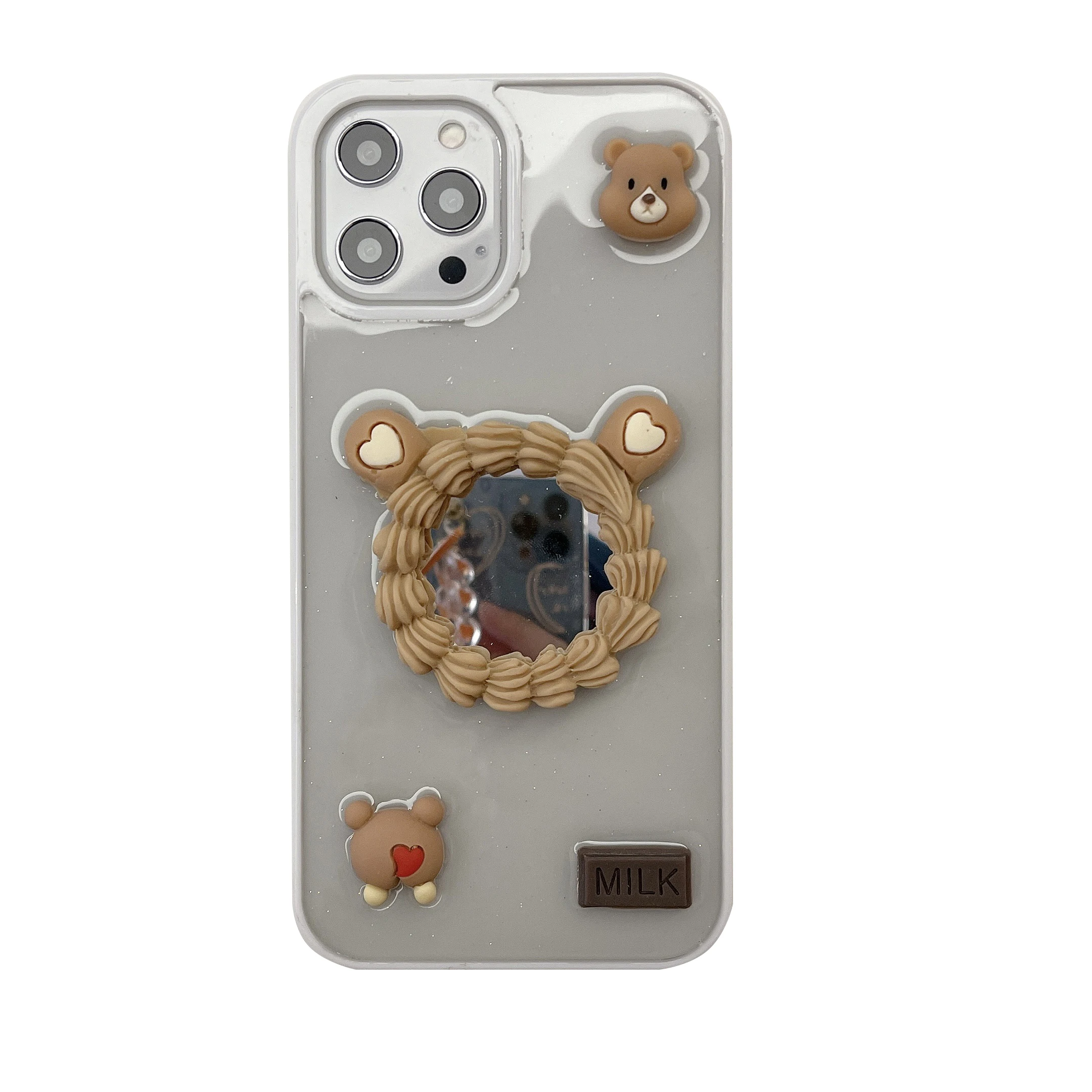 

2021 Amazon Hot Sale 3D Cute Bear Transparent Shockproof Phone Case for iPhone 12 13 with Mirror, Multi colors