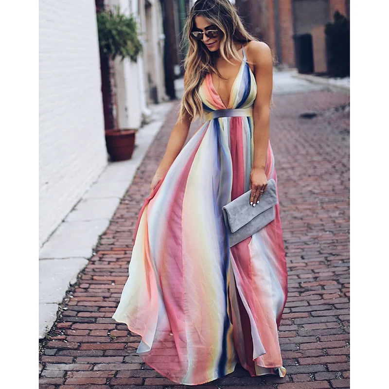 

Women's Sling Floral Long Dresses Summer Boho V-Neck Sleeveless Evening Party Beach Maxi Dress Casual Sundress, Picture