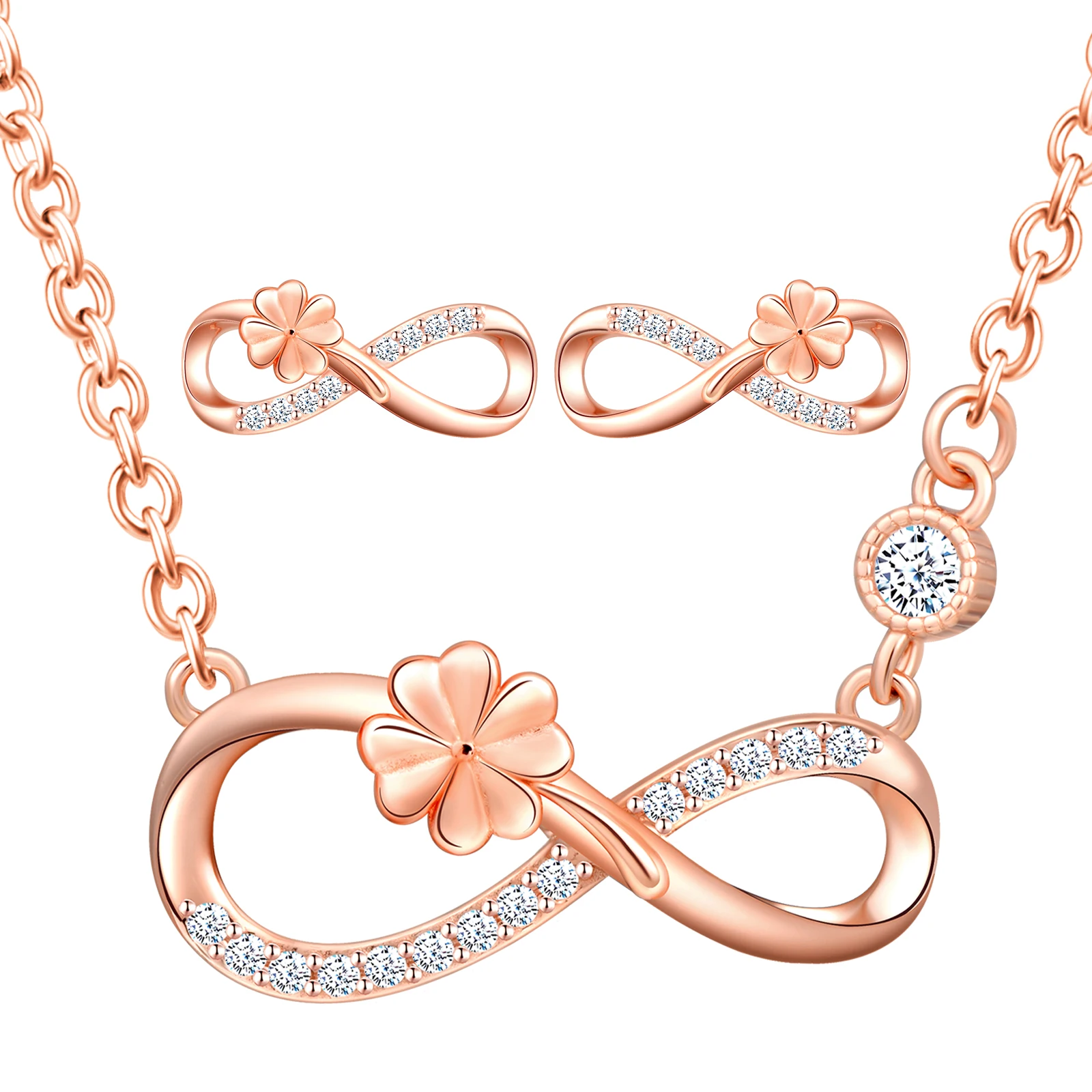 

925 Silver Necklace Stud Earrings Infinity Lucky Four Leaf Clover Jewellery Sets