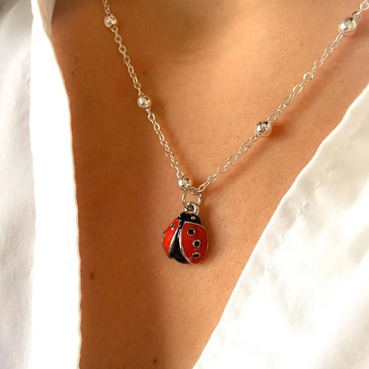 

DIY chain silver plated stainless steel red epoxy ladybug necklace